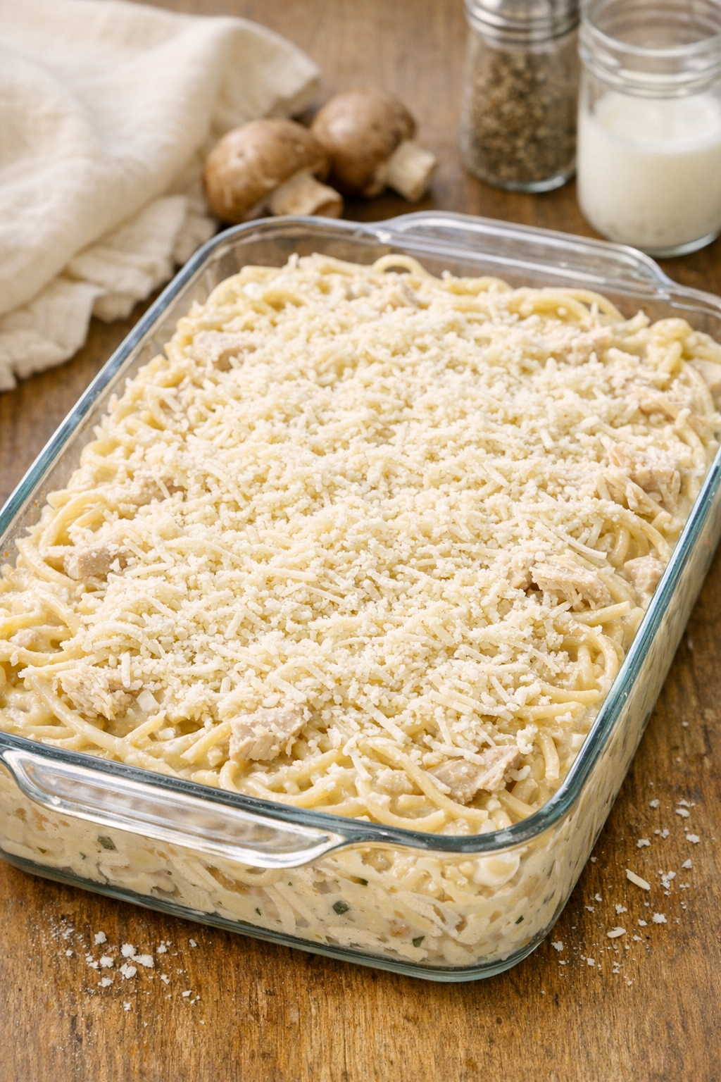 Unbaked chicken tetrazzini in a baking dish