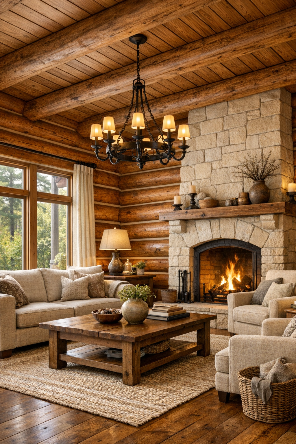 Warm log living room with limestone fireplace and cozy neutral seating