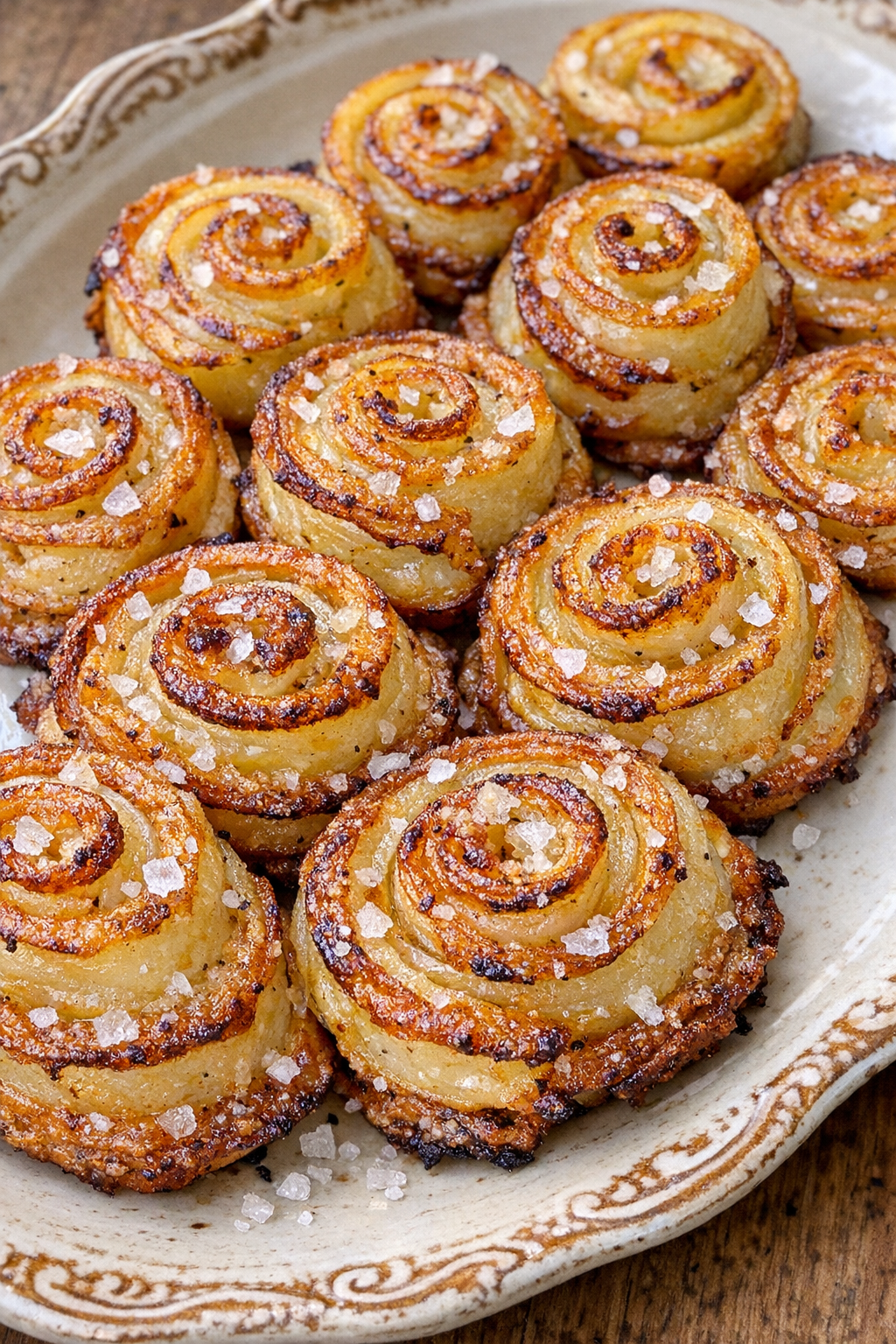 Golden crispy spiral potato pinwheels on a vintage oval platter
