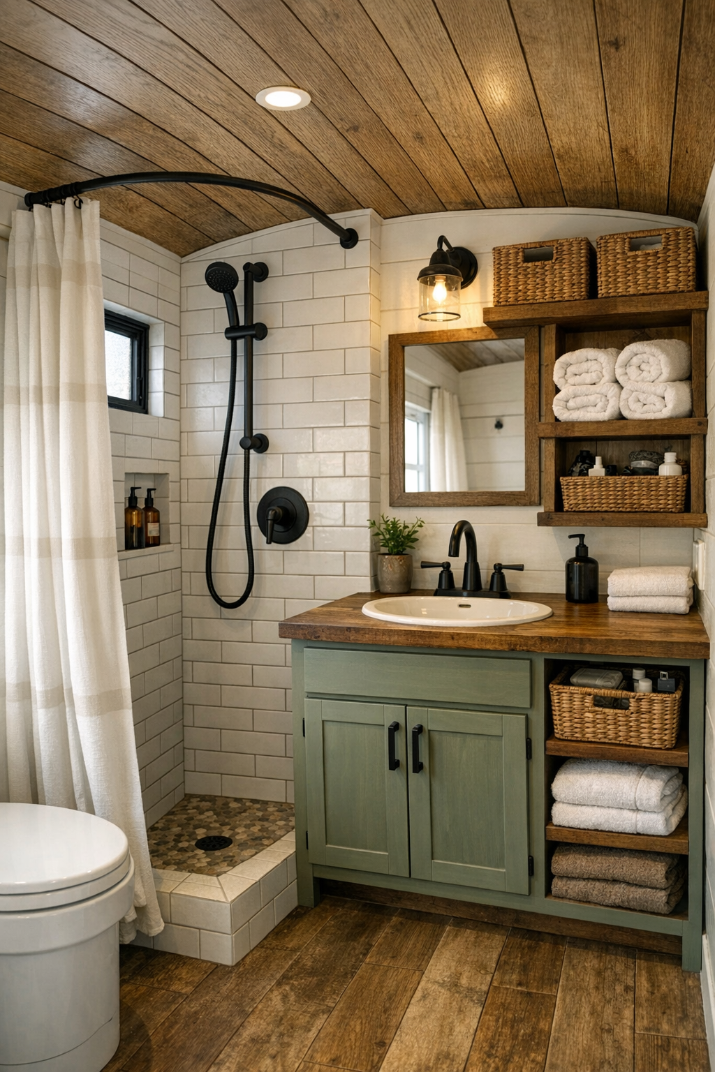 Compact bus bathroom with tiled shower, painted wood vanity, and simple rustic finishes
