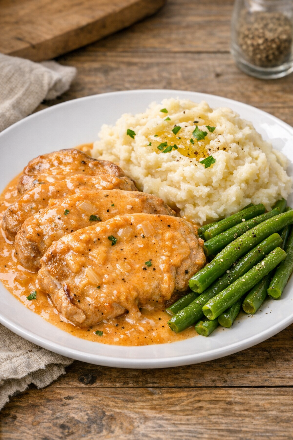 Finished slow cooker pork cutlets plated with creamy sauce