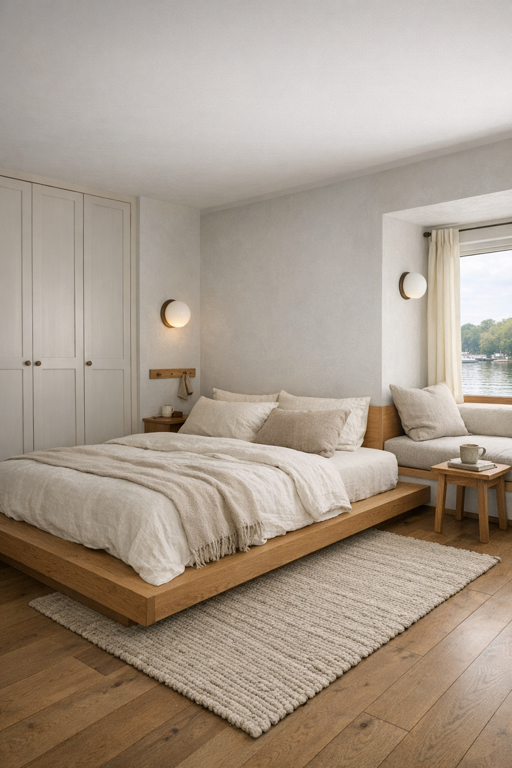Calm bedroom with oak platform bed, linen bedding, and built-in storage