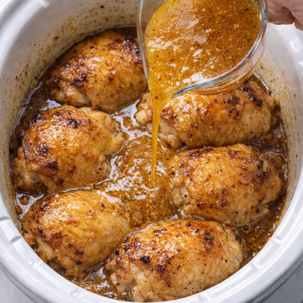Chicken thighs arranged in a slow cooker with mustard sauce