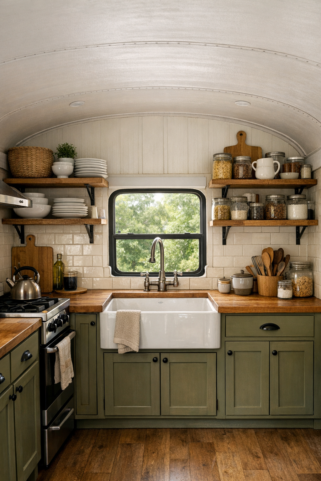 Small rustic bus kitchen with olive cabinets and butcher-block counters