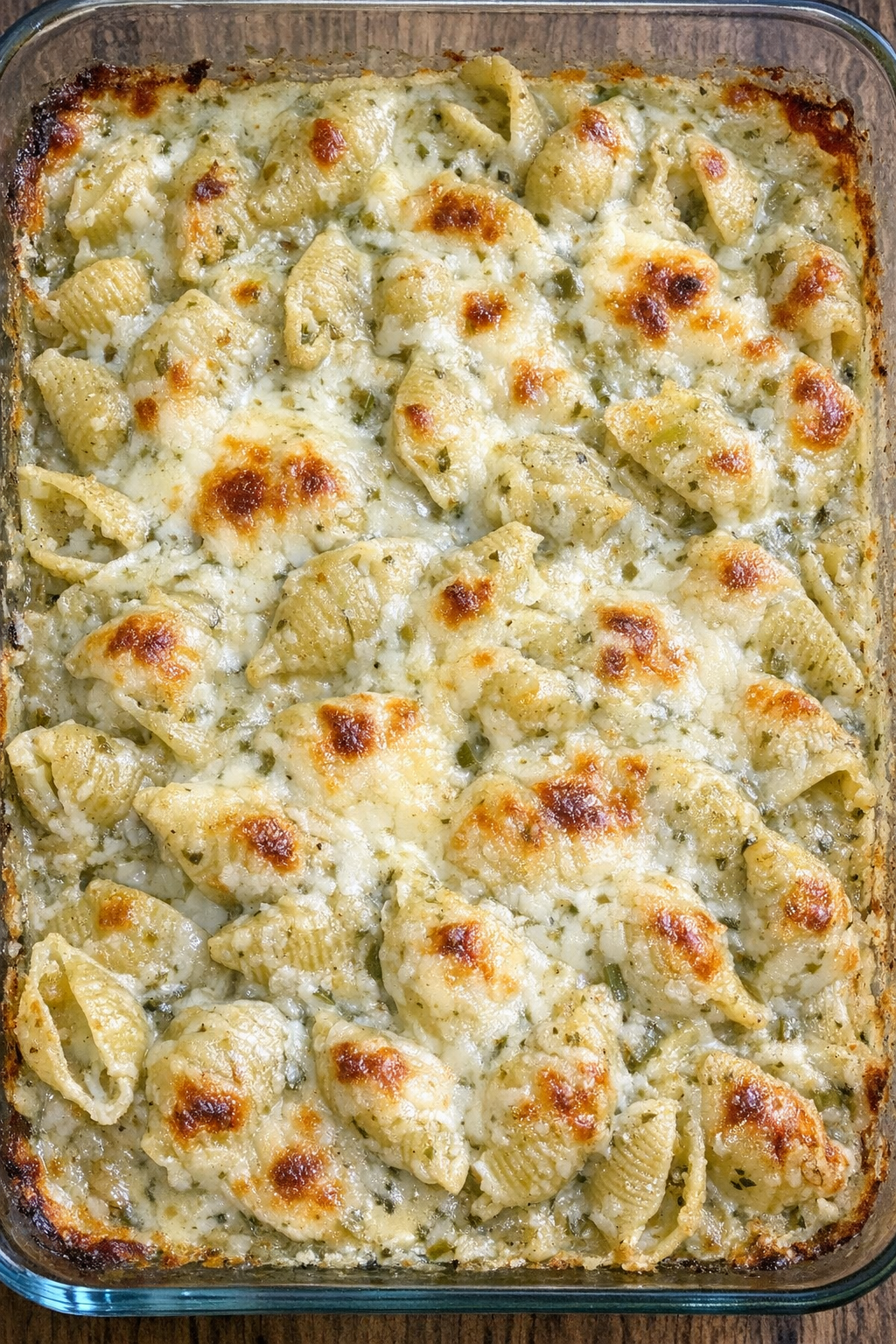 Creamy salsa verde shells baked in a glass dish