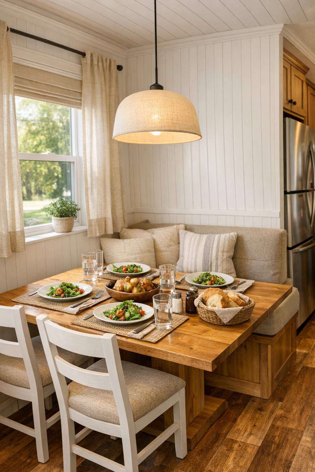 Charming cottage dining nook with a small wood table and soft pendant lighting