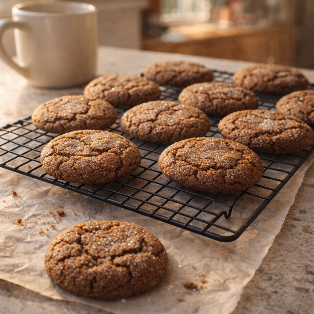 Fresh molasses cookies cooling on a wire rack in a home kitchen