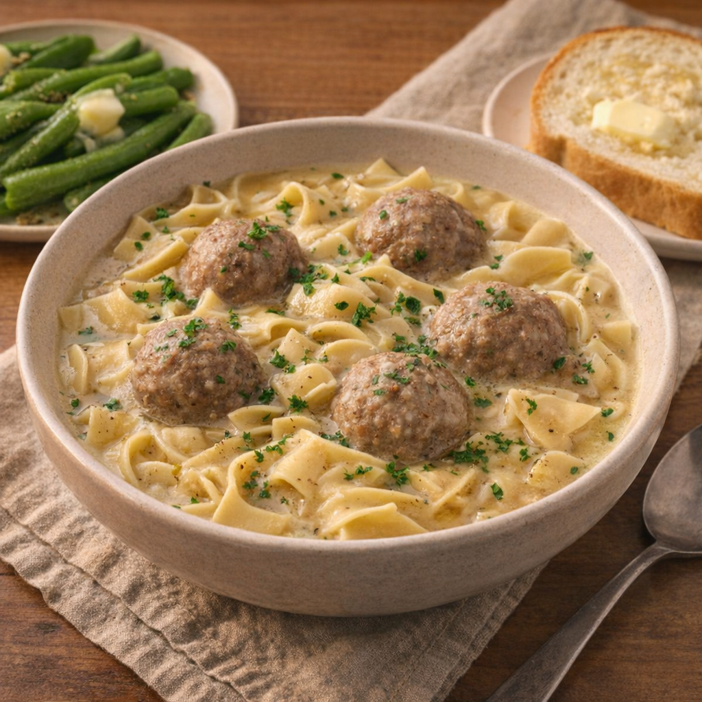 Bowl of meatball stew served with bread and green beans