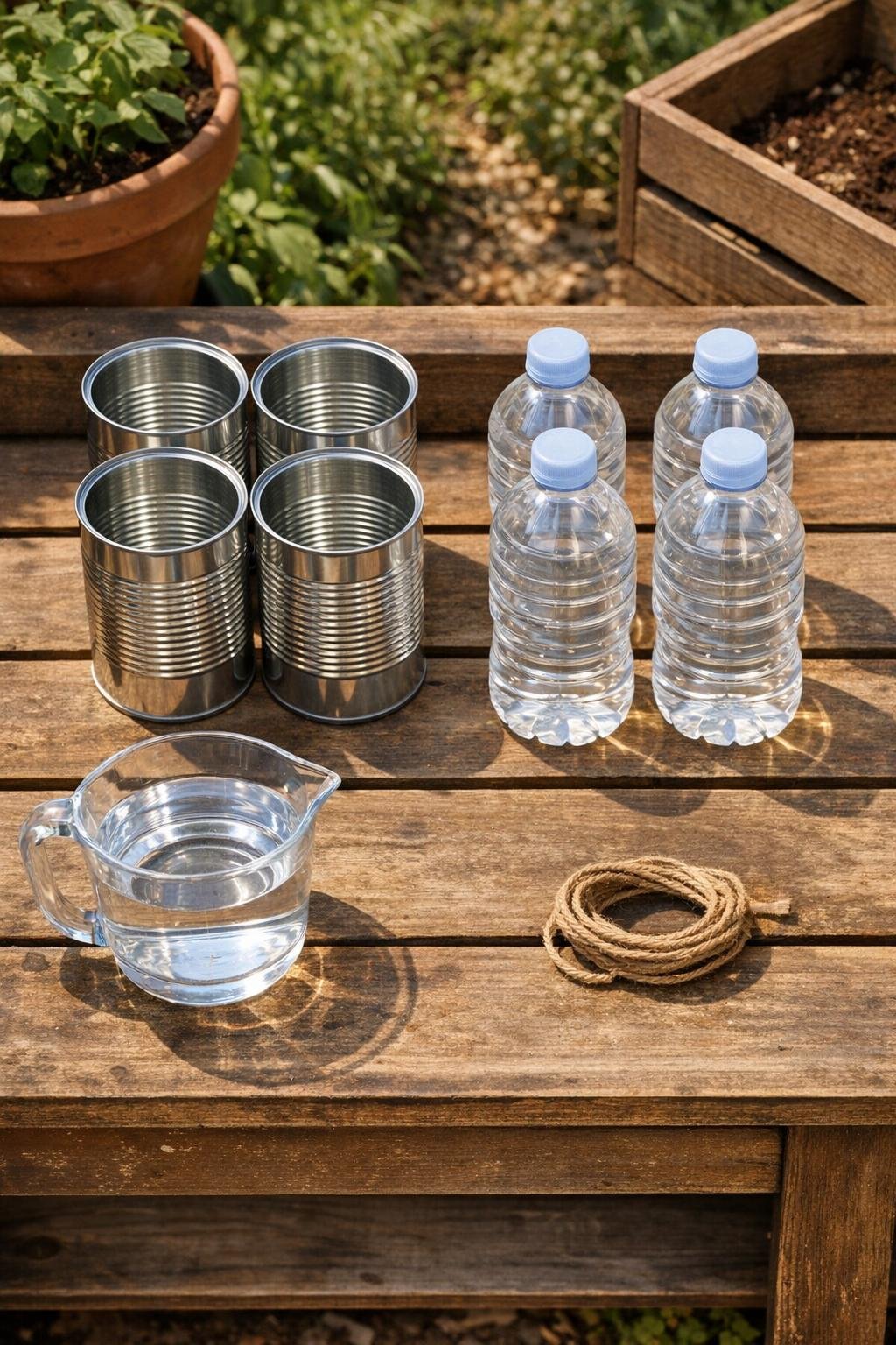 Materials laid out for the soup can raised bed slow-drip waterer