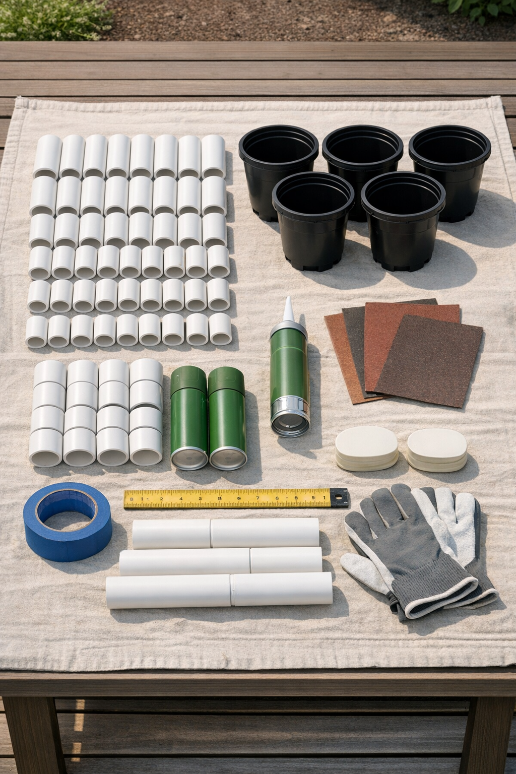 PVC pipes, black nursery pots, spray paint, glue, and basic supplies laid out for the planter project