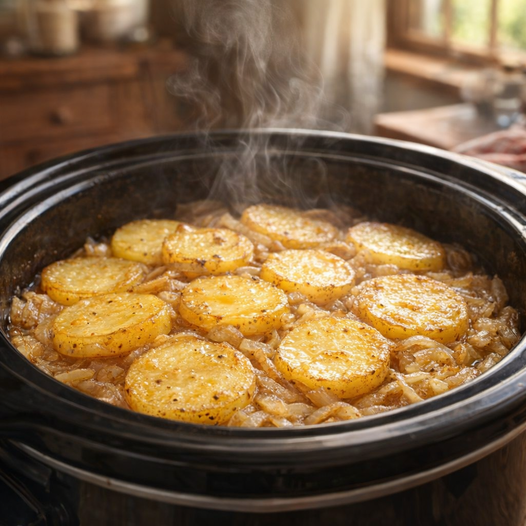 Finished potato and onion bake resting in the crock