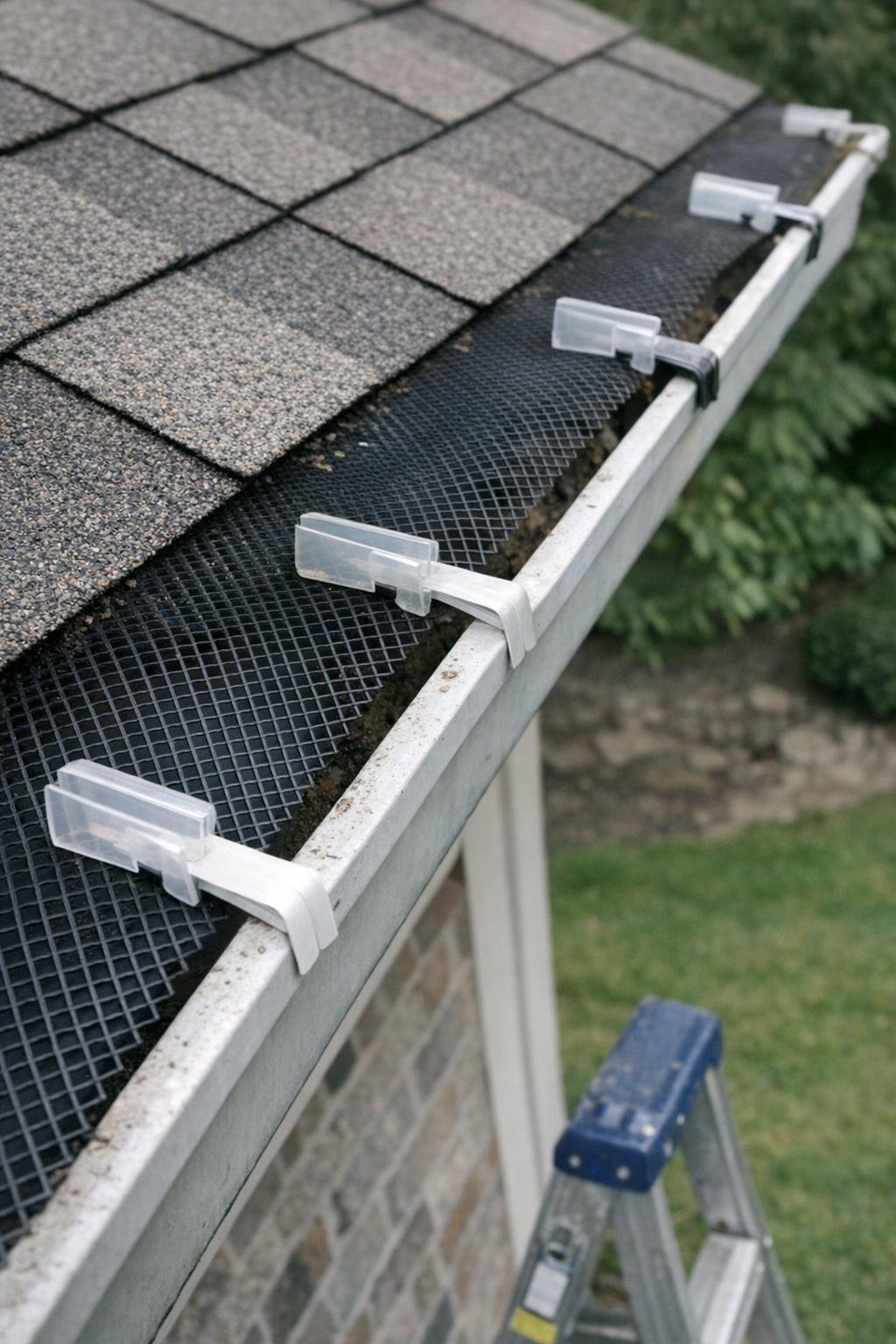 Lightweight gutter mesh secured with several homemade clips along a roof edge