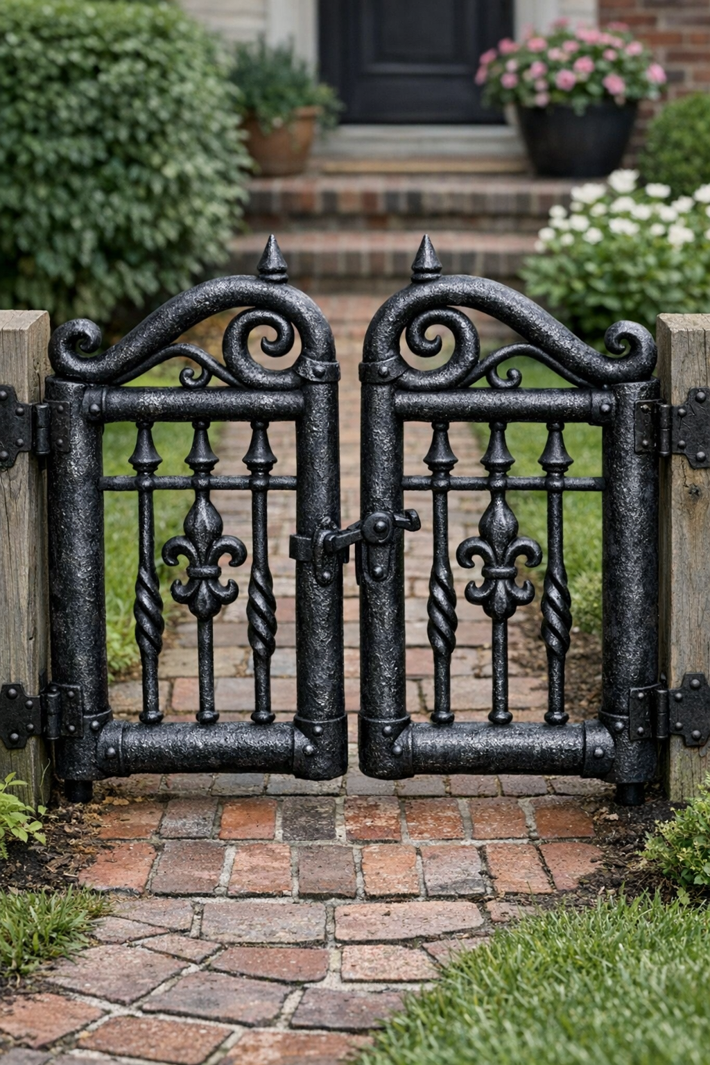 Completed vintage faux-iron front yard gates at a walkway entrance