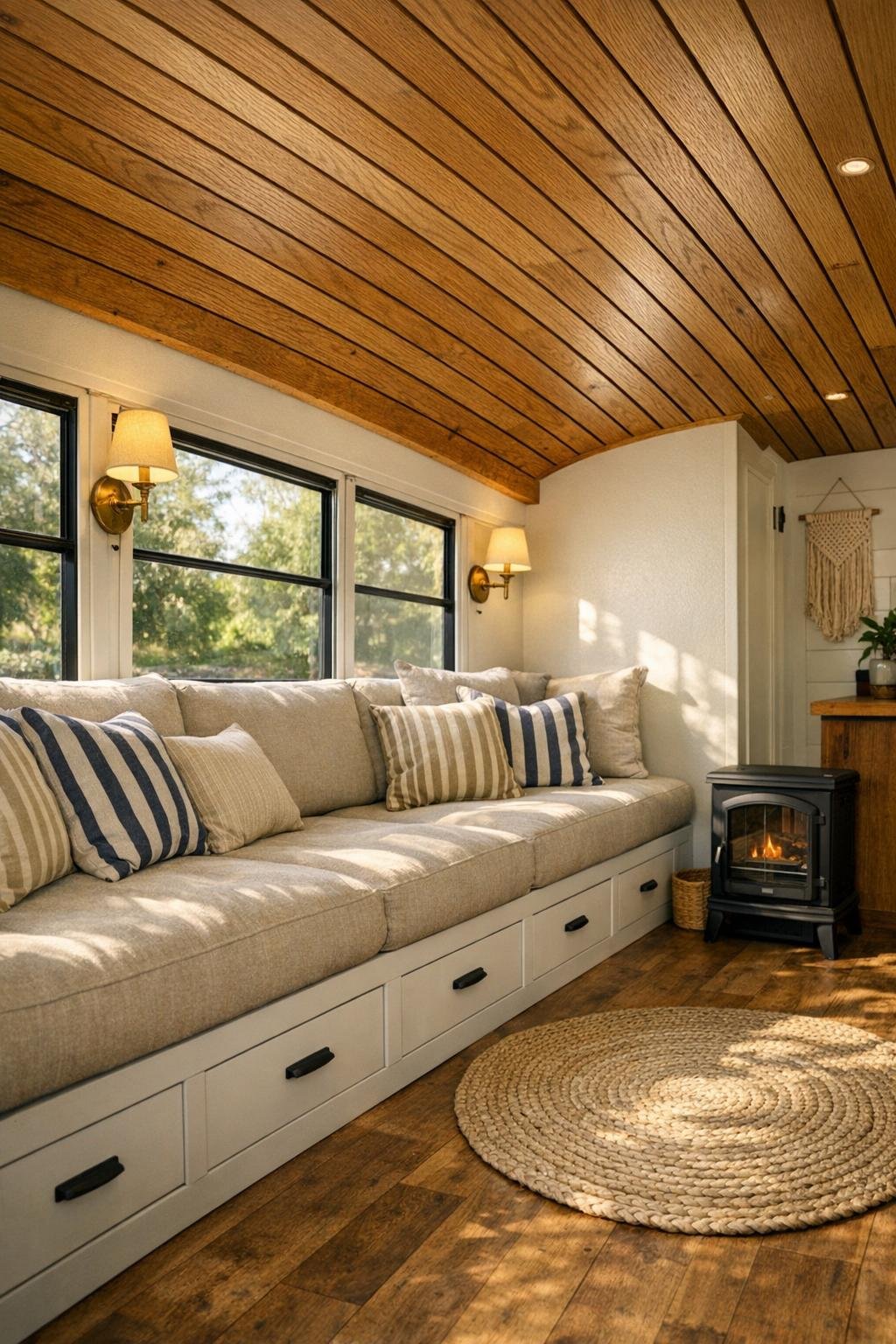 Cozy bus living room with built-in sofa, warm wood ceiling, and bright windows