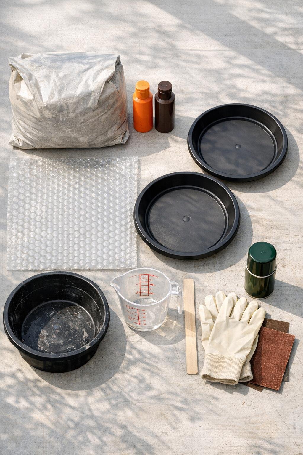 Materials for making two textured harvest stepping stones laid out neatly