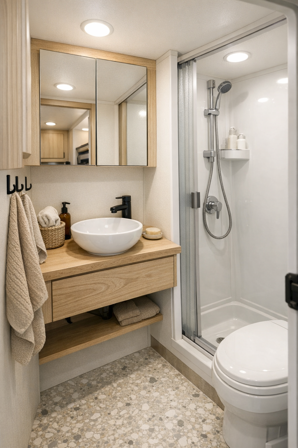 Clean RV camper bathroom with pale oak vanity and terrazzo-look floor