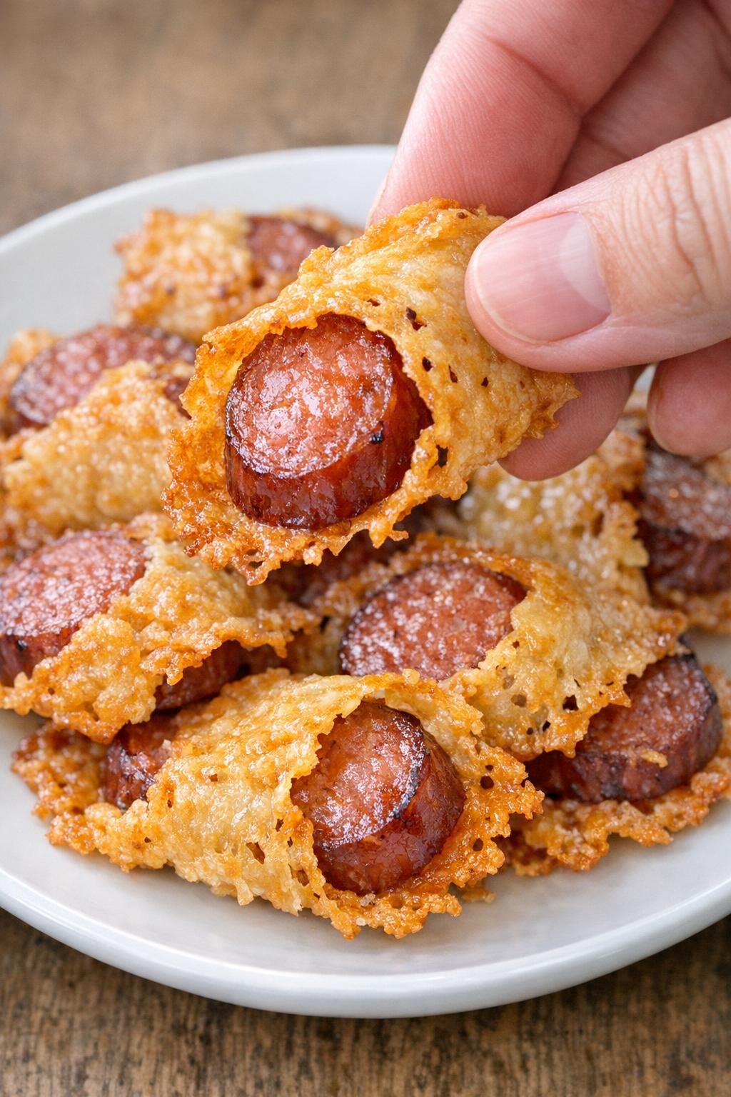 Low carb kielbasa crisps on a white plate