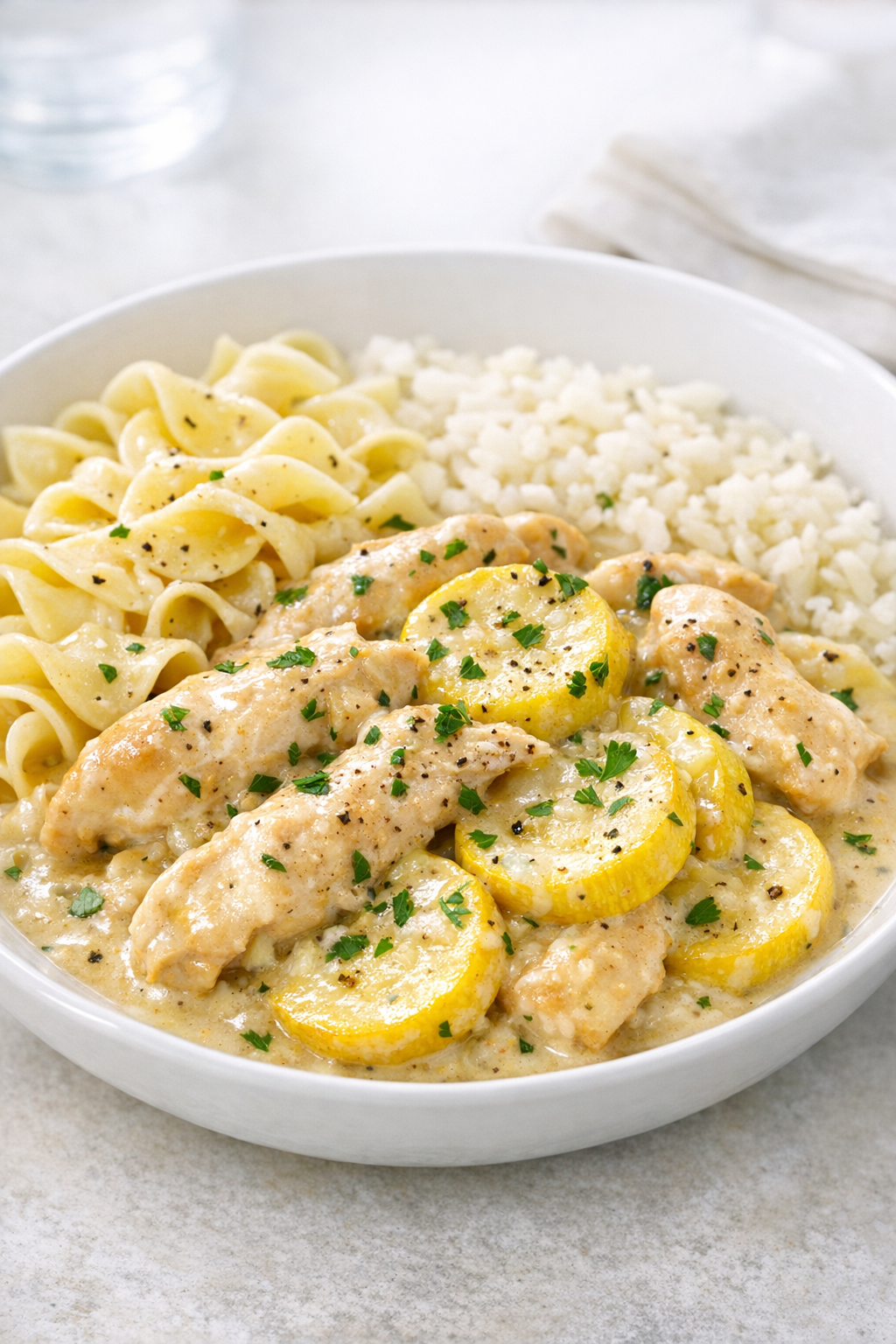 Finished creamy slow cooker chicken and yellow squash plated for serving