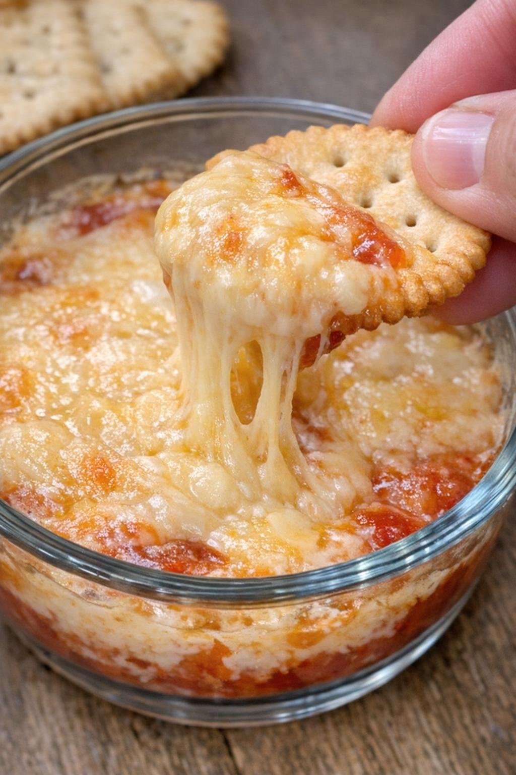Close-up of gouda redfield dip in a glass bowl with a cracker lifting a gooey scoop