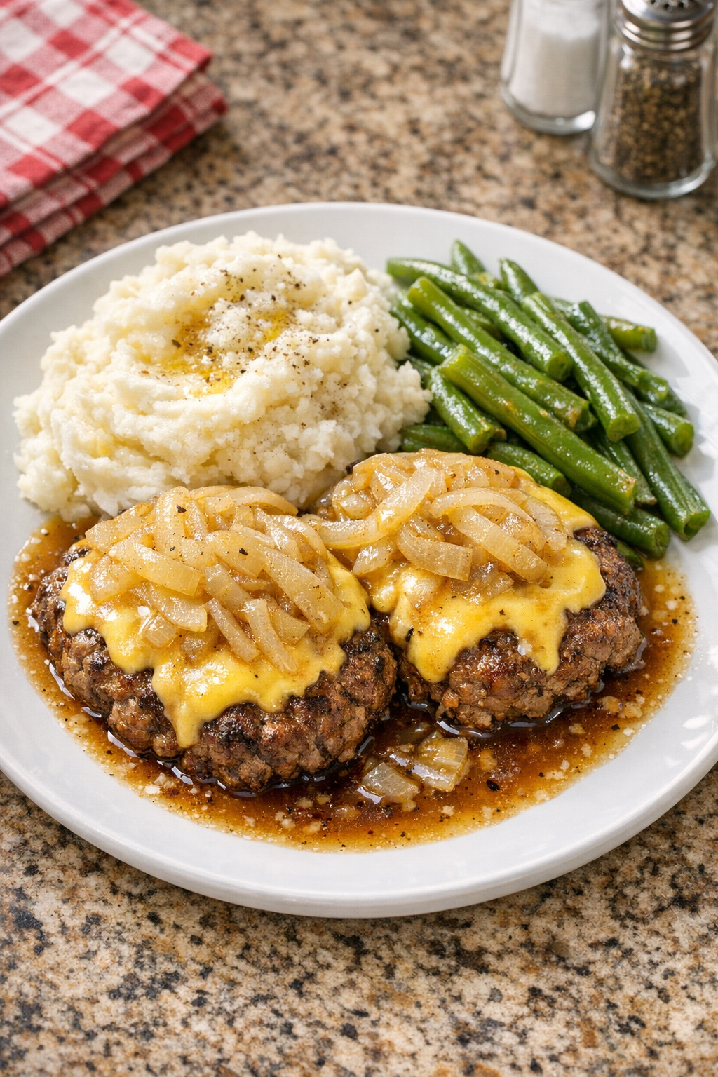Finished slow cooker beef patties plated with creamy cheesy topping