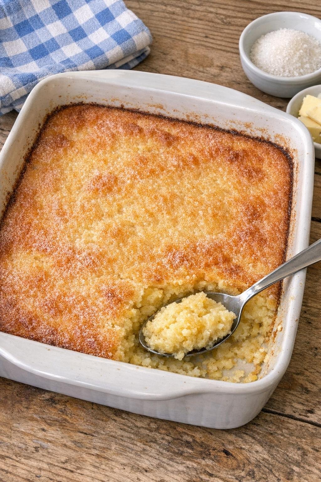 Finished baked cornmeal dessert in ceramic pan