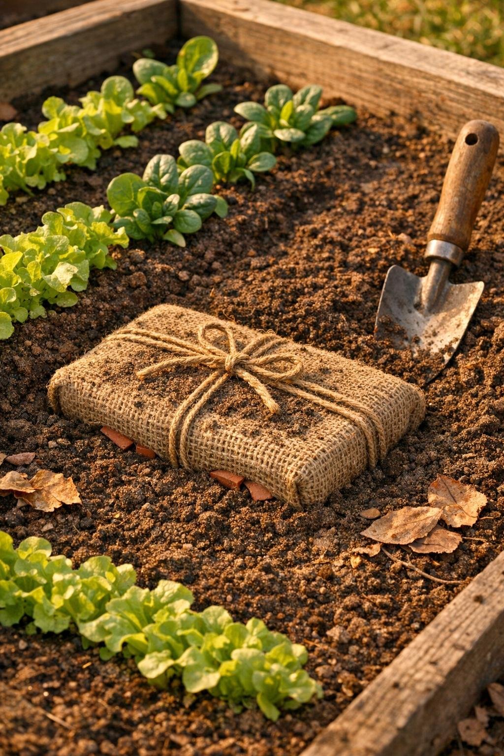 Finished raised bed warming brick made from broken terracotta pots tucked into an early spring garden bed