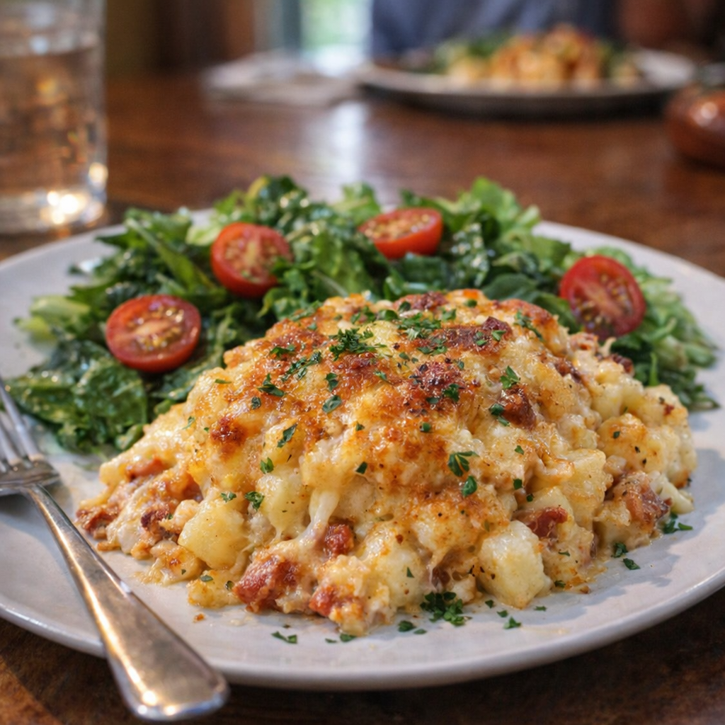 Potato casserole served on a plate with a side salad