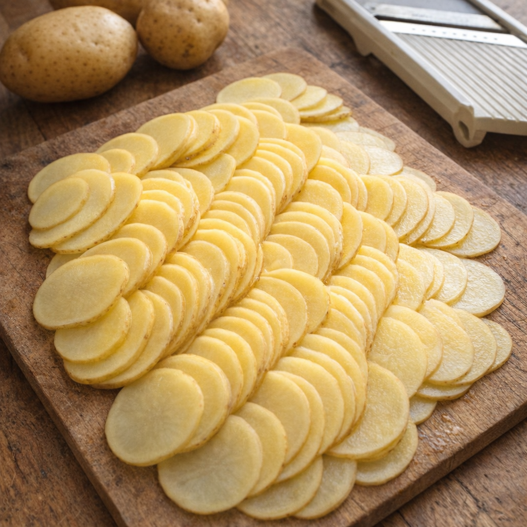 Thinly sliced yellow potatoes on a cutting board
