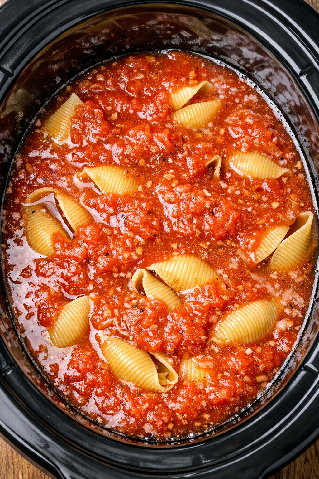 Sauce and water poured over shells in slow cooker