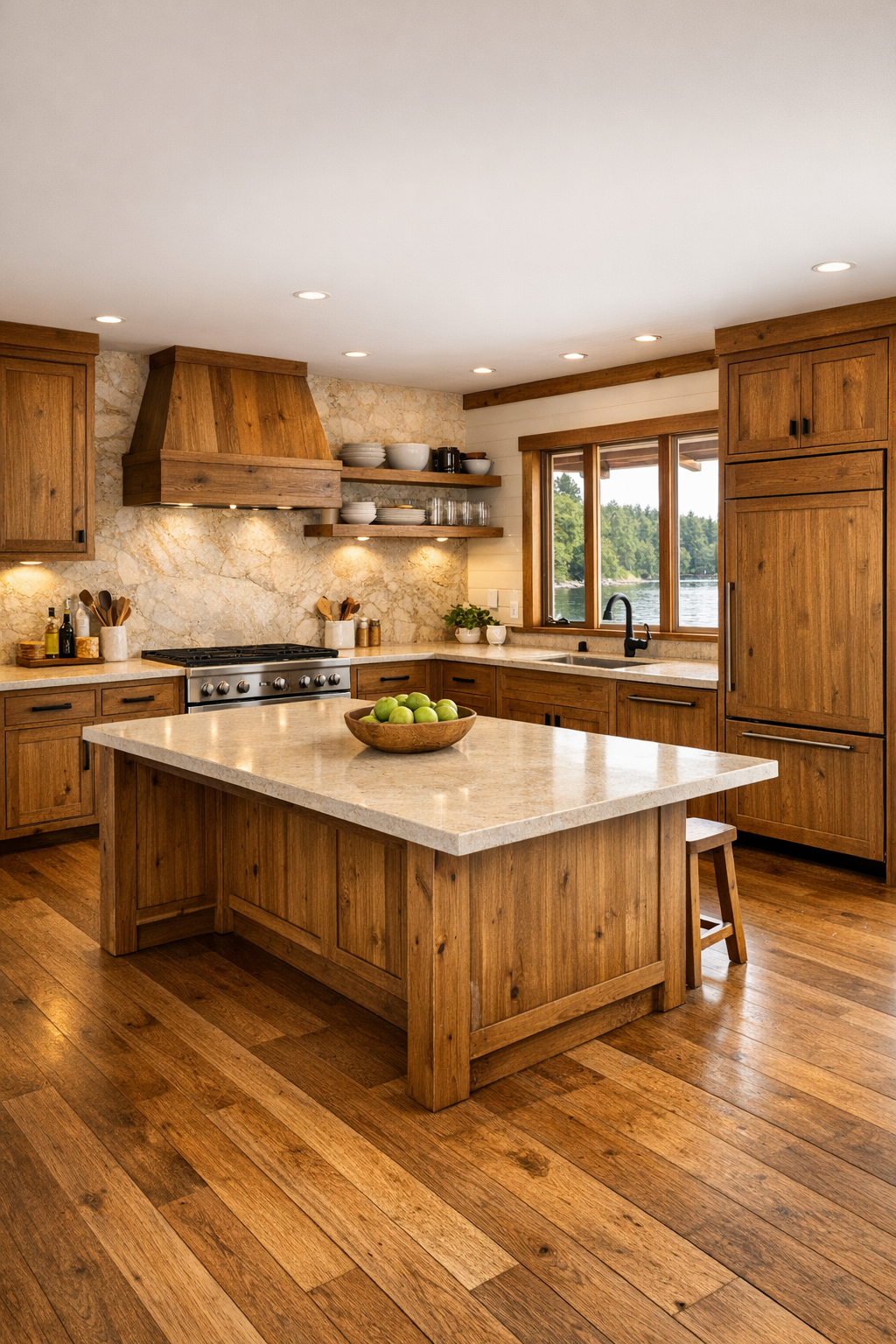 Accessible lodge kitchen with wood cabinetry, stone counters, and a large island