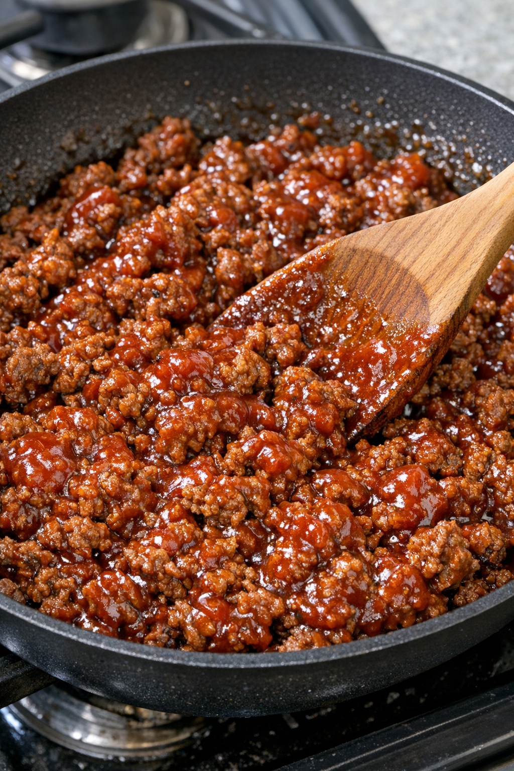 Seasoned beef mixed with ketchup in skillet