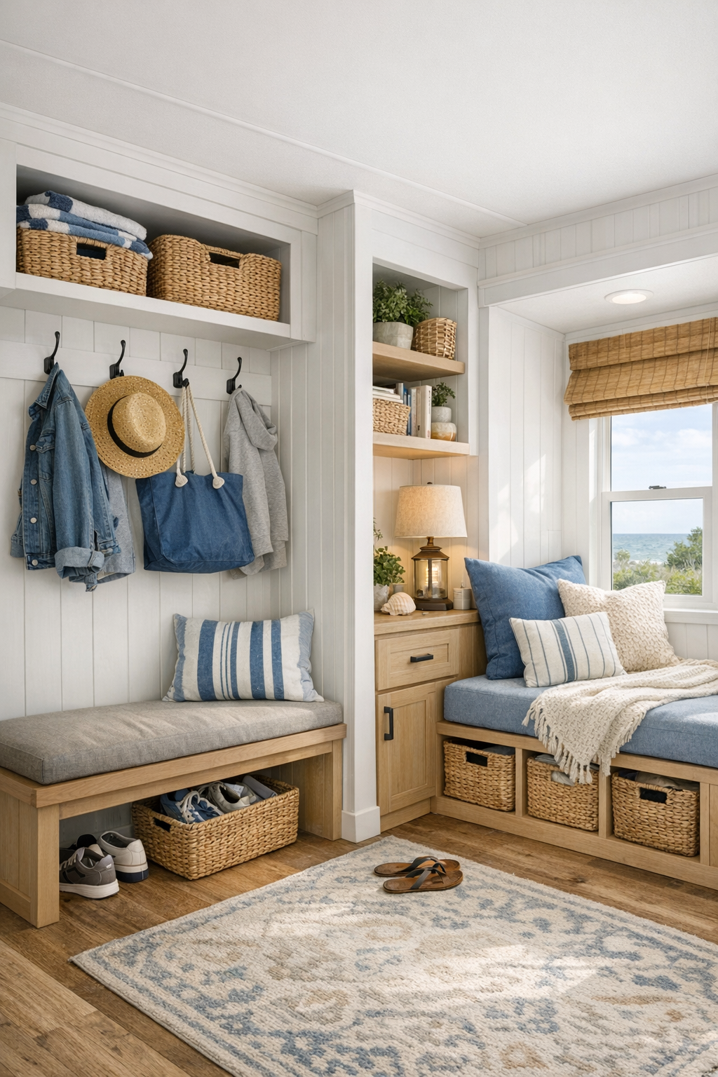 Smart multipurpose area with built-in storage, coastal finishes, and a cozy nook