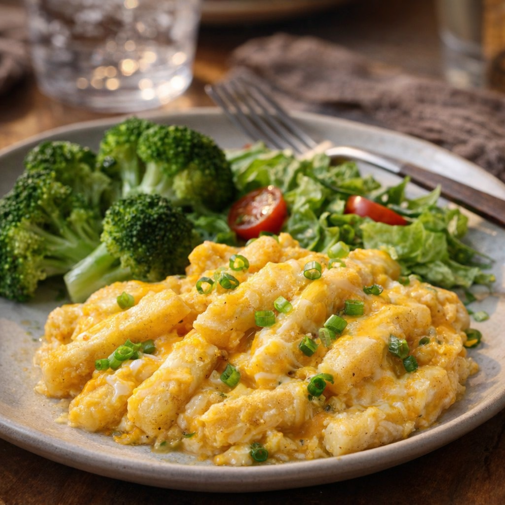 Family-style plate with cheesy potatoes and simple sides