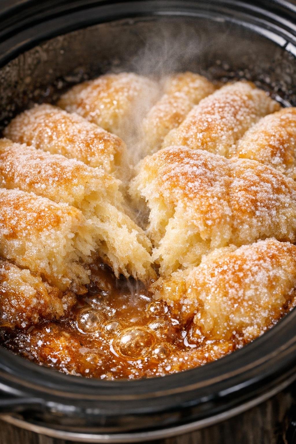 Dessert uit de slowcooker met vanilleglazuur en een gekarameliseerde bodem.