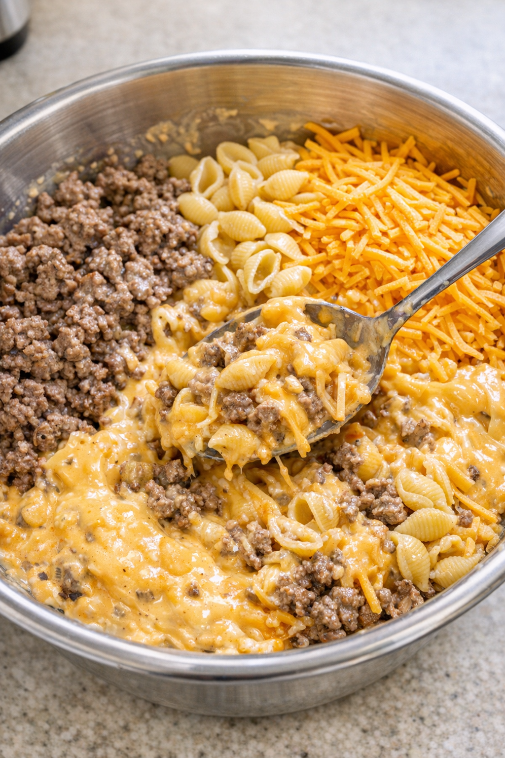 Cheeseburger pasta mixture stirred in a mixing bowl