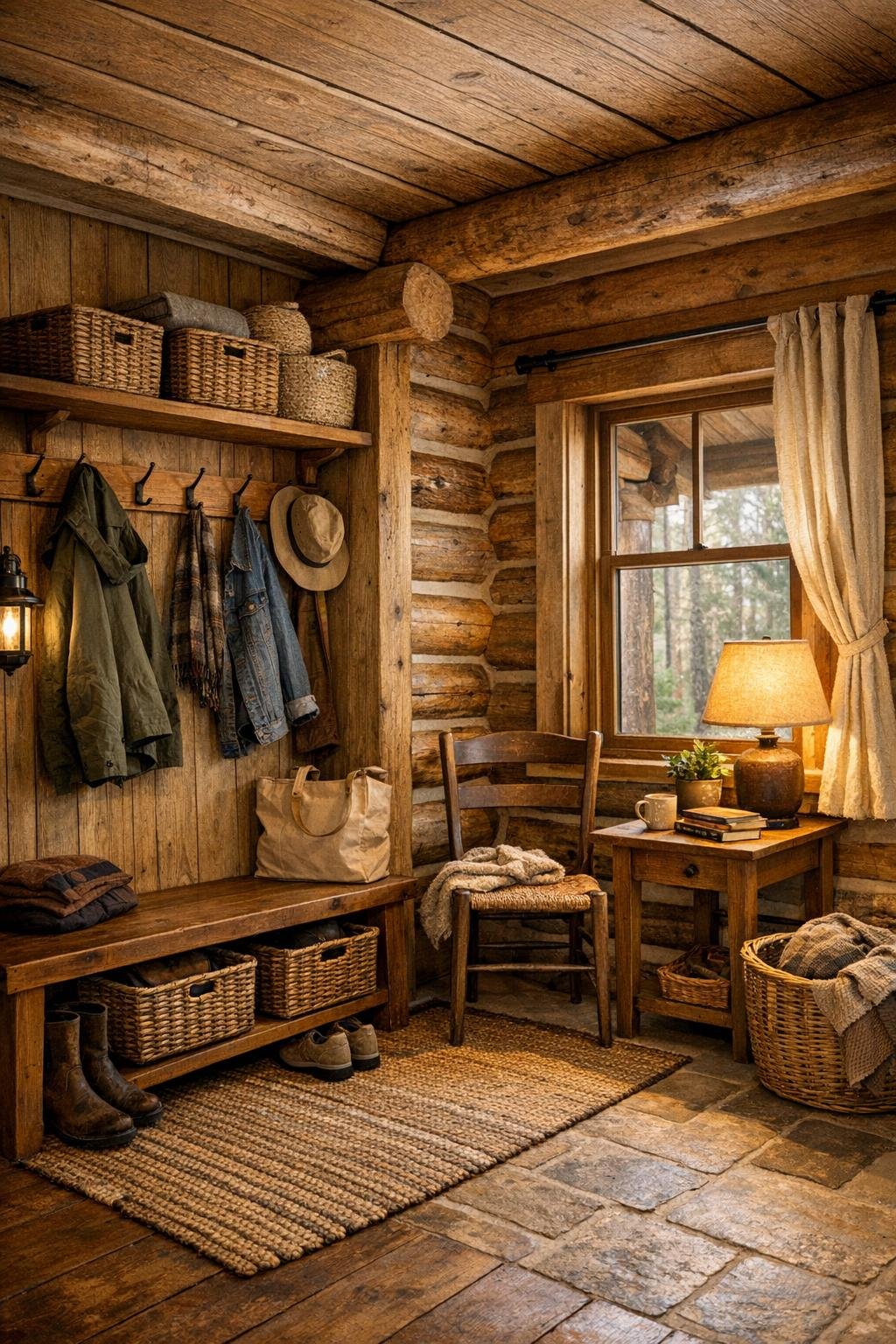 Functional mudroom and reading nook in a warm rustic log home