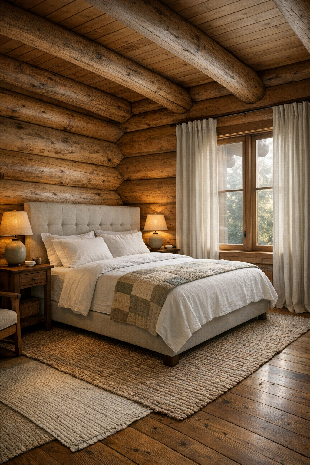 Peaceful bedroom with log walls, an upholstered bed, and layered neutral textiles