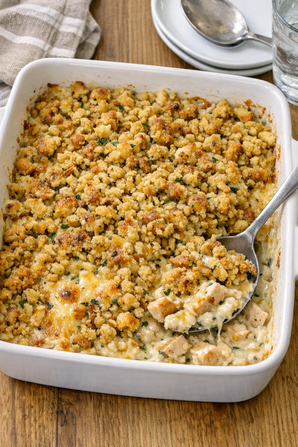 Finished baked chicken casserole in a ceramic dish