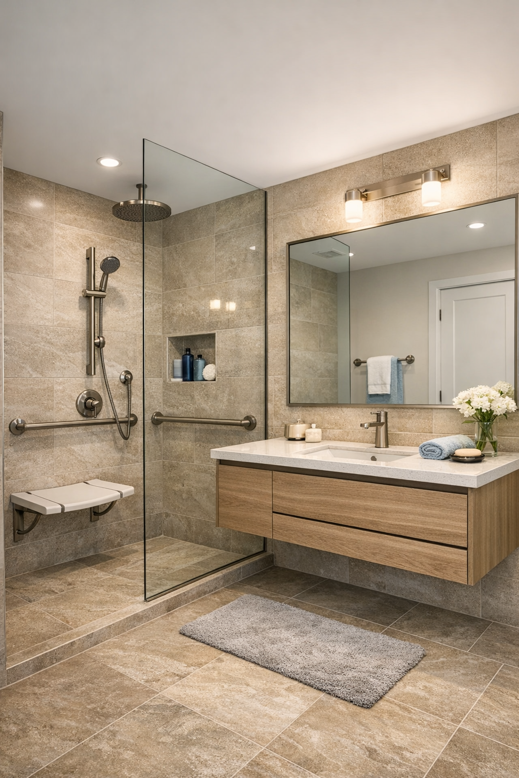 Accessible spa-like tiny home bathroom with curbless shower, floating vanity, and warm stone-toned tile