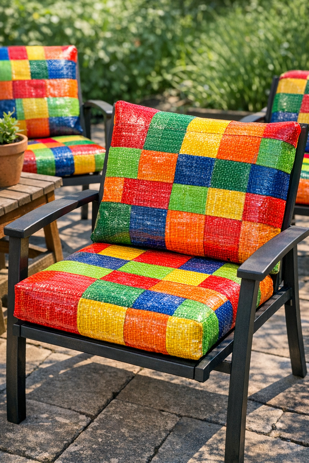 Finished DIY outdoor patio cushions made from fused plastic mesh fruit bags
