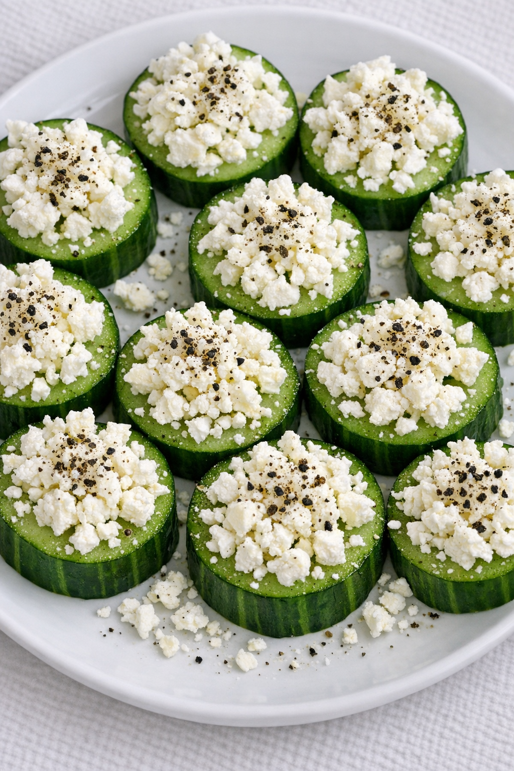 Low carb feta cucumber bites on a white plate
