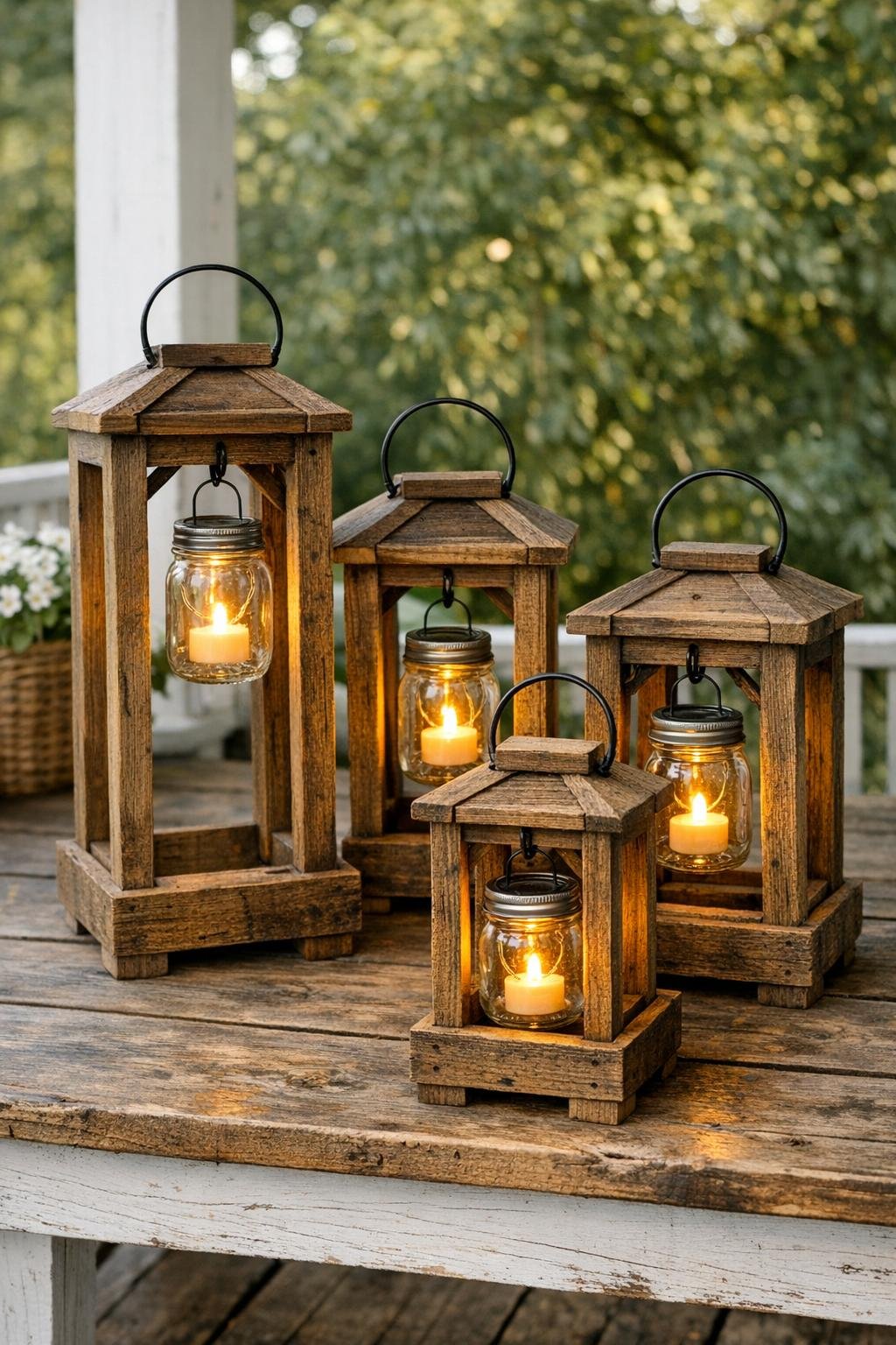 Four finished rustic pallet wood outdoor lanterns with mason jars and warm candlelight