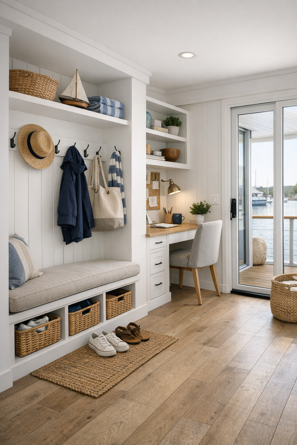 Functional houseboat entry and flex area with built-in storage, a small desk, and durable coastal finishes