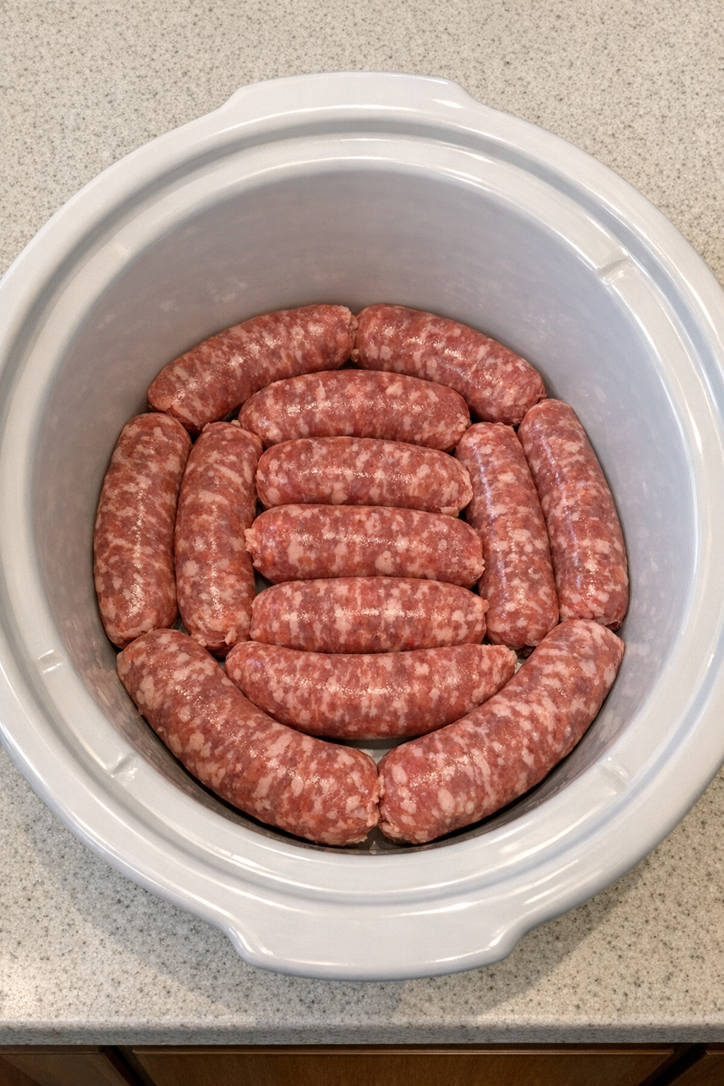 Raw sausage links arranged in the slow cooker