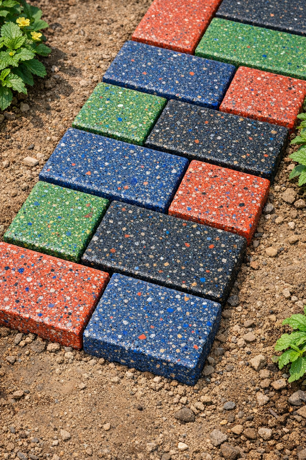 Finished shatterproof paving bricks made from melted plastic bottle caps and sand
