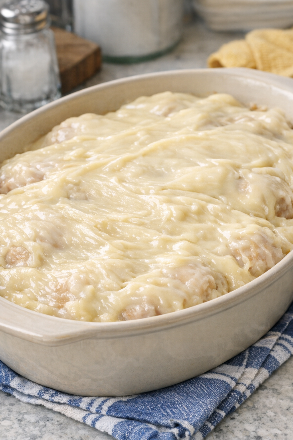 Chicken covered with cream of chicken soup in casserole dish