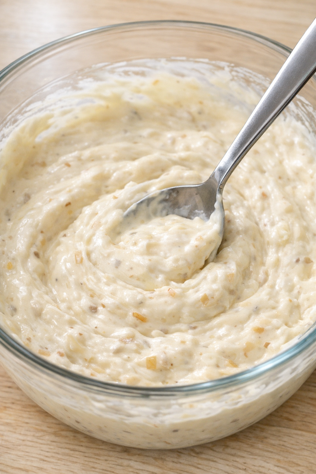 Creamy sauce mixed in bowl