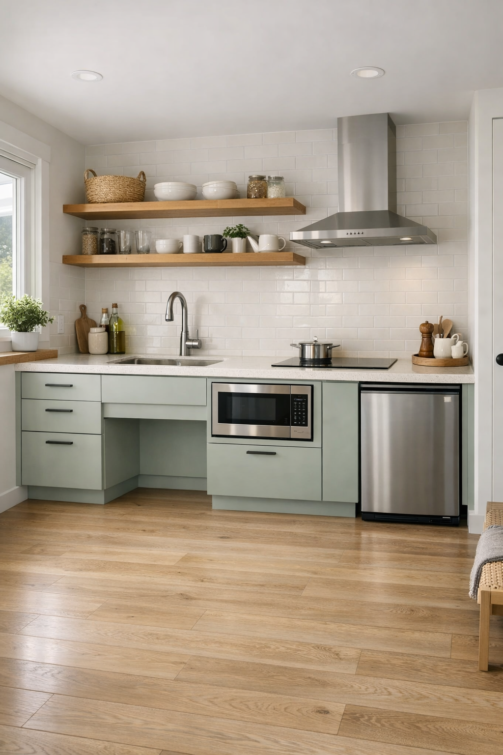 Accessible tiny home kitchen with pale sage-mint cabinets, quartz counters, and oak shelving