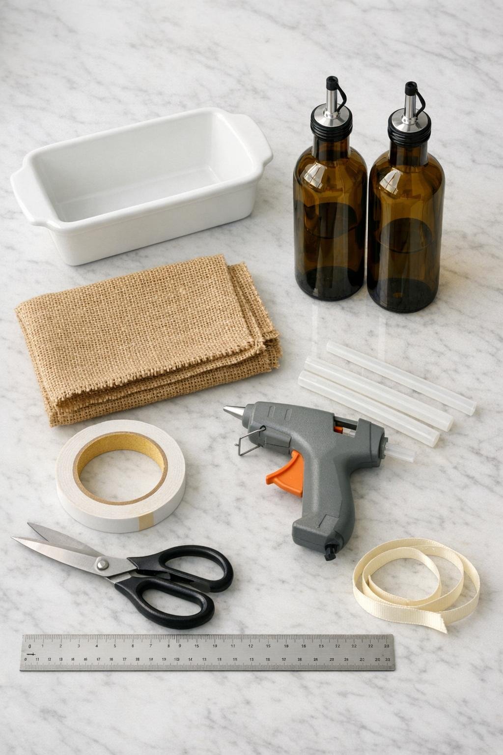 Materials for a ceramic loaf pan olive oil caddy laid out on a counter